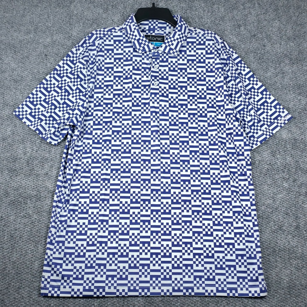 Etonic Mens Large Blue White Geometric Print Polo‎ Shirt Short Sleeve